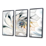 White Stained Glass Floral Art Framed On Glass 3 Pieces Print 